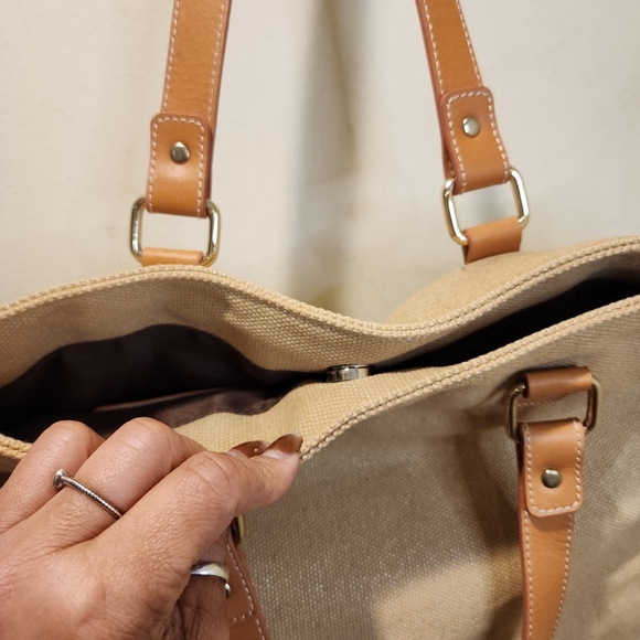 J. Mclaughlin Tan Canvas Tote Bag with Leather Straps - Picture 5 of 13